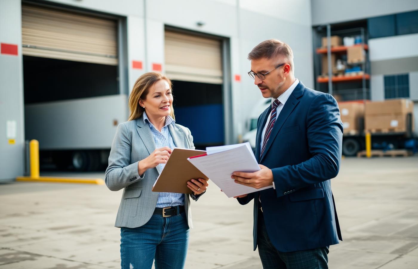 Coordinator and shipper reviewing bill of lading paperwork at a loading dock