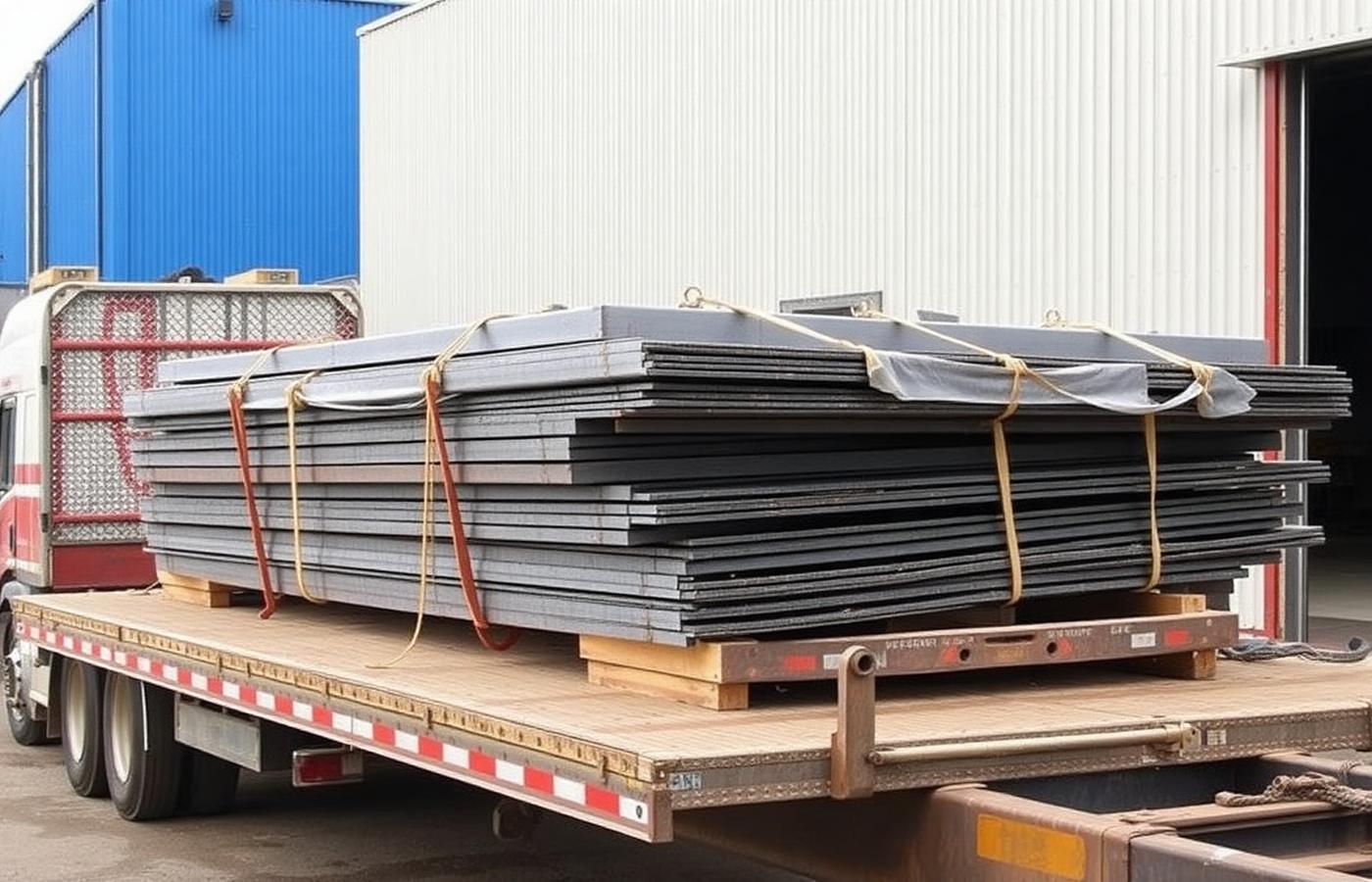 Flatbed trailer loaded with strapped steel plate
