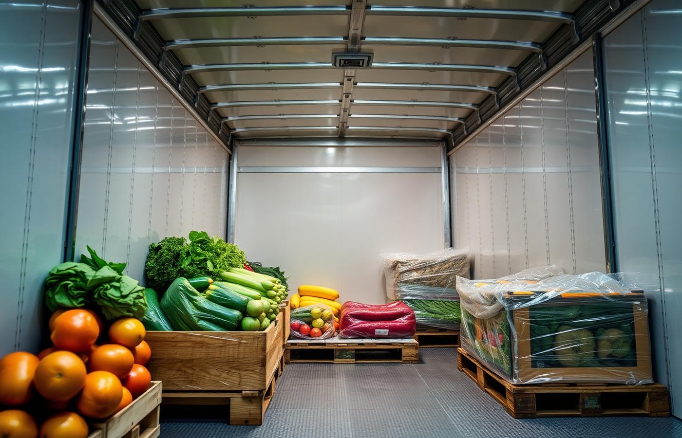 Refrigerated trailer loaded with fresh produce pallets