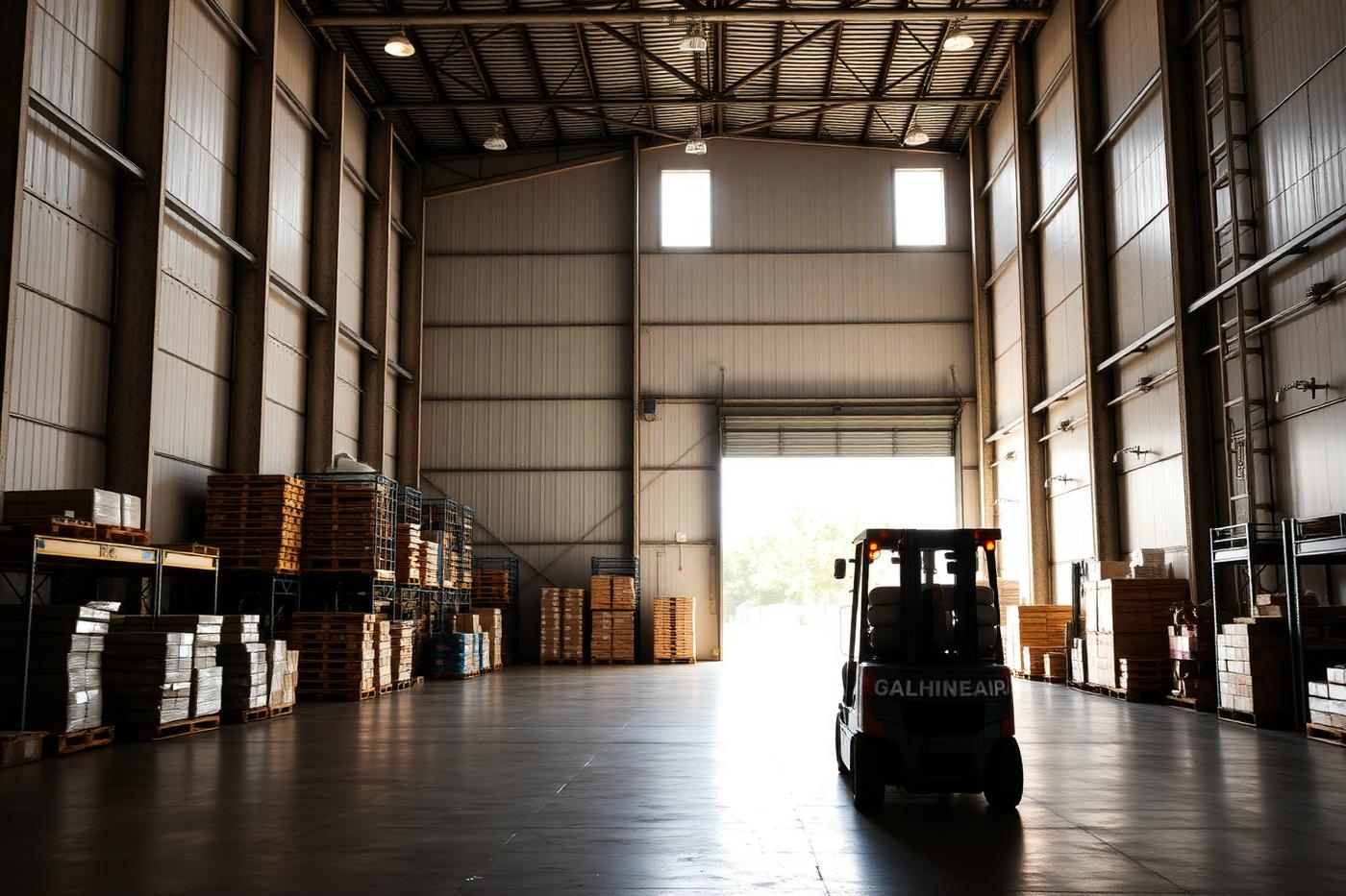Distribution warehouse with pallets and forklift
