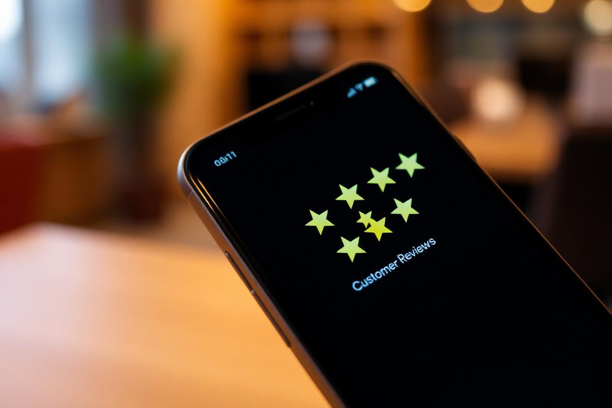 Five-star customer review on a smartphone screen